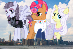 Size: 2200x1466 | Tagged: safe, artist:cheezedoodle96, derpibooru import, edit, editor:jaredking779, inky rose, lily lace, starstreak, earth pony, pegasus, pony, unicorn, clothes, dress, female, giant pony, giantess, glasses, highrise ponies, irl, macro, male, manhattan, mare, new york, new york city, photo, ponies in real life, see-through, spread wings, stallion, story included, trio, wings