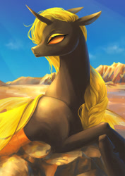 Size: 848x1200 | Tagged: safe, artist:catofrage, derpibooru import, oc, oc only, changeling, pony, curved horn, female, horn, mare, solo, yellow changeling