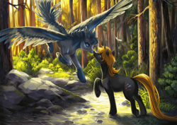 Size: 1920x1356 | Tagged: safe, artist:catofrage, derpibooru import, oc, oc only, pegasus, pony, unicorn, detailed background, duo, flying, forest, nuzzling, river, spread wings, stream, water, wings