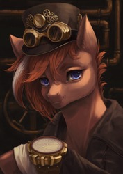 Size: 1920x2716 | Tagged: safe, artist:catofrage, derpibooru import, oc, oc only, earth pony, pony, clothes, coat, goggles, goggles on head, hat, solo, steampunk, top hat, watch, wristwatch