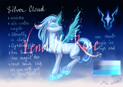 Size: 1920x1357 | Tagged: safe, artist:catofrage, derpibooru import, oc, oc only, oc:silver cloud, pony, unicorn, artificial wings, augmented, female, magic, magic wings, mare, reference sheet, solo, wings