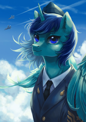 Size: 1920x2716 | Tagged: safe, artist:catofrage, derpibooru import, oc, oc only, alicorn, pony, alicorn oc, clothes, cloud, horn, jet, jet fighter, military uniform, necktie, solo, uniform, wings