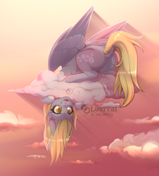 Size: 1662x1836 | Tagged: safe, artist:lucythunderforth, artist:luzreal, derpibooru import, derpy hooves, pegasus, pony, g4, bubble butt, butt, cloud, cross-eyed, cute, derpabetes, dock, female, looking at you, mare, open mouth, open smile, plot, silly, smiling, smiling at you, solo, tail, upside down