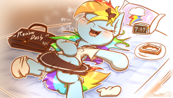 Size: 4000x2250 | Tagged: safe, artist:phoenixrk49, derpibooru import, rainbow dash, pegasus, pony, g4, alarm clock, bag, bed, blushing, bow, bread, clock, clothes, cute, dashabetes, drool, eyebrows, eyebrows visible through hair, female, food, garters, hair bow, high res, lying down, mare, on back, on bed, open mouth, school bag, school uniform, sleeping, sleepydash, snoring, socks, solo, toast