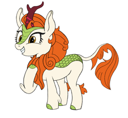 Size: 2490x2301 | Tagged: safe, artist:maonyman, derpibooru exclusive, derpibooru import, autumn blaze, kirin, g4, cloven hooves, female, hoof on chest, mare, raised hoof, raised leg, simple background, smiling, solo, white background