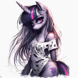 Size: 1117x1112 | Tagged: safe, ai content, derpibooru import, generator:bing image creator, generator:dall-e 3, machine learning generated, twilight sparkle, robot, semi-anthro, g4, clothes, cute, detailed, digital art, female, mane, mare, metal, quality, room, scope, sexy, solo, twibot, window