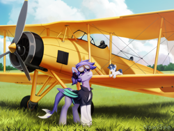 Size: 2000x1500 | Tagged: safe, artist:inowiseei, derpibooru import, oc, oc only, bat pony, original species, pony, shark, shark pony, aviator goggles, biplane, clothes, ear piercing, earring, goggles, headphones, jacket, jewelry, piercing, plane, plushie, solo