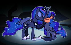 Size: 3000x1899 | Tagged: safe, artist:yuraihn, derpibooru import, princess luna, oc, oc:eclipse cinaed, g4, clothes, eyes closed, female, hoof shoes, kissing, male, mother and child, mother and son, parent and child, parent:princess luna, sitting, socks, striped socks