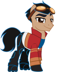 Size: 1184x1408 | Tagged: safe, artist:guruyunus17, artist:pandaspiner, derpibooru import, earth pony, pony, base used, clothes, eyebrows, generator rex, goggles, goggles on head, jacket, looking at you, male, pants, ponified, rex salazar, shoes, simple background, skin, skirt, smiling, smiling at you, solo, species swap, topwear, transparent background