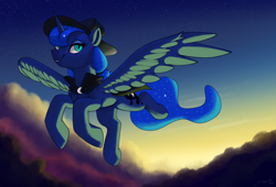 Size: 2500x1700 | Tagged: safe, artist:silverhopexiii, derpibooru import, princess luna, alicorn, pony, g4, cape, clothes, cloud, female, flying, hat, mare, smiling, solo, spread wings, twilight (astronomy), wings, witch hat
