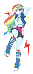 Size: 606x1368 | Tagged: artist needed, safe, derpibooru import, rainbow dash, human, equestria girls, g4, clothes, compression shorts, female, looking at you, simple background, solo, white background