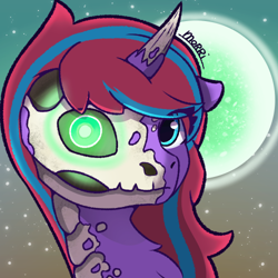 Size: 500x500 | Tagged: safe, artist:morrigun, derpibooru import, oc, oc only, pony, skeleton pony, unicorn, bone, bust, eyes open, female, halloween, halloween 2023, holiday, mare, night, profile picture, signature, skeleton, solo