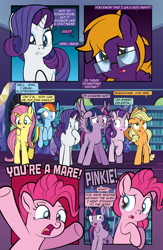 Size: 1920x2948 | Tagged: safe, artist:alexdti, derpibooru import, applejack, fluttershy, pinkie pie, rainbow dash, rarity, starlight glimmer, twilight sparkle, twilight sparkle (alicorn), oc, oc:purple creativity, alicorn, earth pony, pegasus, pony, unicorn, comic:quest for friendship retold, comic, dialogue, glasses, library, mane six, speech bubble, twilight's castle, twilight's castle library