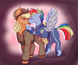 Size: 3092x2560 | Tagged: safe, artist:shamy-crist, derpibooru import, applejack, rainbow dash, pony, g4, alternate hairstyle, alternate timeline, apocalypse dash, applecalypsejack, appledash, crystal war timeline, female, kissing, lesbian, shipping