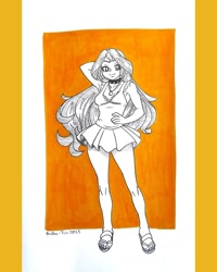 Size: 1080x1350 | Tagged: safe, artist:brother-tico, derpibooru import, sunset shimmer, human, arm behind head, clothes, dress, female, hand on hip, huevember, humanized, open-toed shoes, sandals, solo