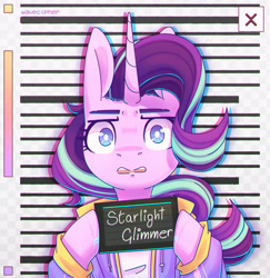 Size: 2418x2485 | Tagged: safe, artist:musicfirewind, derpibooru import, starlight glimmer, pony, unicorn, g4, barbie mugshot meme, clothes, frown, high res, looking at you, meme, mugshot, solo