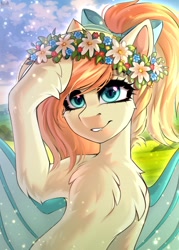 Size: 2728x3819 | Tagged: safe, artist:hakaina, derpibooru import, oc, oc only, oc:sunshine drift, bat pony, bat pony oc, bat wings, bow, chest fluff, fangs, female, floral head wreath, flower, flower in hair, hair bow, mare, signature, smiling, solo, unshorn fetlocks, wings