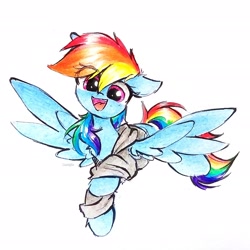 Size: 1924x1924 | Tagged: safe, artist:liaaqila, derpibooru import, rainbow dash, pegasus, pony, clothes, commission, eye clipping through hair, female, flying, looking at you, mare, open mouth, open smile, signature, simple background, smiling, smiling at you, solo, spread wings, traditional art, white background, wings