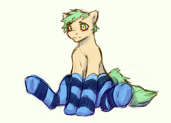 Size: 2985x2152 | Tagged: safe, artist:wrypony, derpibooru import, oc, oc only, oc:krinflow, earth pony, pony, blushing, clothes, cute, male, simple background, sitting, socks, solo, stallion, striped socks