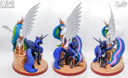 Size: 2000x1216 | Tagged: safe, artist:ewc workshop, artist:sunny way, derpibooru import, princess celestia, princess luna, alicorn, pony, 3d print, artwork, craft, crown, feather, female, feral, figurine, hoof shoes, horn, irl, jewelry, large wings, long horn, long mane, long tail, mare, muscles, one wing out, painting, peytral, photo, princess, princess shoes, regalia, sculpture, slim, spread wings, stairs, statue, sternocleidomastoid, tail, thin, wings