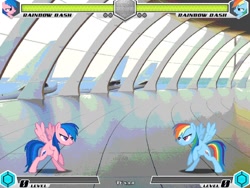 Size: 1080x810 | Tagged: safe, artist:tom artista, derpibooru import, firefly, rainbow dash, pegasus, pony, fighting is magic, g1, airport, bipedal, empty, fan game, female, mare, new, palette swap, plane, recolor, self paradox, self ponidox, stage