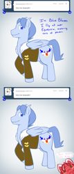 Size: 1000x2332 | Tagged: safe, artist:redintravenous, derpibooru import, oc, oc only, oc:blue blazes, oc:red ribbon, pegasus, pony, unicorn, ask red ribbon, bomber jacket, bow, clothes, hair bow, jacket, male, stallion