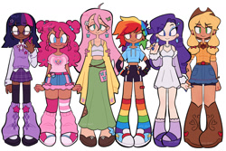 Size: 1613x1080 | Tagged: safe, artist:julie.ghouls, derpibooru import, part of a set, applejack, fluttershy, pinkie pie, rainbow dash, rarity, twilight sparkle, human, clothes, converse, dark skin, female, females only, human coloration, humanized, light skin, mane six, moderate dark skin, pale skin, pigeon toed, rainbow socks, shoes, simple background, socks, striped socks, tan skin, white background