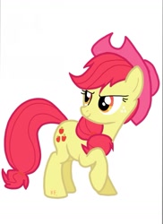 Size: 1049x1441 | Tagged: safe, artist:xinjinjumin219936282573, derpibooru import, apple bloom, pony, g4, applejack's hat, clothes, cowboy hat, hat, older, palette swap, raised hoof, raised leg, recolor, simple background, solo, white background