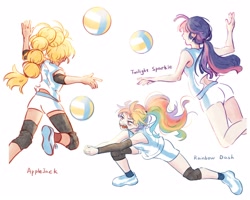Size: 2560x2048 | Tagged: safe, artist:xiaojin315, derpibooru import, part of a set, applejack, rainbow dash, twilight sparkle, human, g4, female, human coloration, humanized, simple background, sports, trio, volleyball, white background