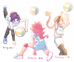 Size: 3000x2500 | Tagged: safe, artist:xiaojin315, derpibooru import, part of a set, fluttershy, pinkie pie, rarity, human, g4, alternate hairstyle, female, human coloration, humanized, simple background, sports, trio, volleyball, white background