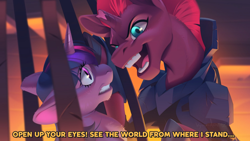 Size: 900x506 | Tagged: safe, artist:kissyander, derpibooru import, tempest shadow, twilight sparkle, pony, unicorn, g4, armor, broken horn, cage, duo, female, horn, looking at each other, looking at someone, mare, open up your eyes, scared, scene interpretation, text