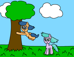 Size: 1676x1280 | Tagged: safe, artist:gillianthecreator36, derpibooru import, first base, earth pony, pegasus, pony, fanfic:the fillies' best picnic ever, g4, 1000 hours in ms paint, adorabase, aura (g4), aura is not amused, aurabetes, backyard, best friends, blank flank, cloud, cute, duo, duo female, female, field, filly, first base is not amused, floating, floating wings, foal, friends, frown, girly girl, grass, grass field, ms paint, outdoors, paint.net, pegasus first base, race swap, sky, story, tail, tomboy, tree, unamused, what has magic done, wind, windswept hair, windswept mane, windswept tail, wings