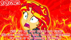 Size: 1600x900 | Tagged: safe, artist:evilasio, derpibooru import, sunset shimmer, equestria girls, equestria girls (movie), g4, angry response, fire, hate art, message, opinion, rage, rant, response, sympathy for the devil, unpopular opinions