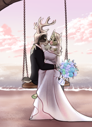 Size: 2160x2960 | Tagged: safe, artist:blackblood-queen, oc, oc only, oc:caine, oc:fern evergreen, anthro, deer, unguligrade anthro, unicorn, anthro oc, beach, bouquet, cainergreen, clothes, cloud, commission, couple, deer oc, digital art, dress, female, flower, happy, horn, husband and wife, interspecies, jewelry, male, married, married couple, necklace, non-pony oc, smiling, straight, suit, swing, unicorn oc, wedding dress
