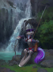 Size: 1500x2048 | Tagged: safe, artist:koviry, derpibooru import, oc, oc only, earth pony, pony, armor, arrow, bow (weapon), commission, quiver, sitting, solo, spear, unshorn fetlocks, water, waterfall, weapon