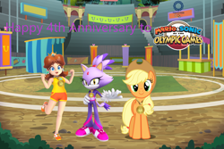 Size: 3000x2000 | Tagged: safe, artist:dashiesparkle, artist:misty114, artist:user15432, derpibooru import, applejack, earth pony, human, pony, anniversary, apple daisy, blaze the cat, clothes, crossover, gold medal, happy anniversary, looking at you, mario & sonic, mario & sonic at the olympic games, mario & sonic at the olympic games tokyo 2020, mario and sonic, mario and sonic at the olympic games, medal, olympic games, olympic rings, olympics, princess daisy, smiling, sonic the hedgehog (series), sports, sports outfit, stadium, super mario bros., tokyo 2020