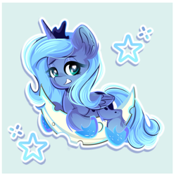 Size: 1284x1284 | Tagged: safe, artist:_fairy_g_pony, artist:jollyt, derpibooru import, princess luna, alicorn, pony, g4, chibi, crescent moon, ear fluff, ears, eyebrows, eyebrows visible through hair, female, filly, foal, folded wings, grin, hoof shoes, lidded eyes, looking at you, moon, princess shoes, smiling, smiling at you, solo, stars, tangible heavenly object, wings, woona, younger