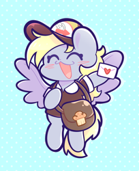 Size: 1272x1562 | Tagged: safe, artist:typhwosion, derpibooru import, derpy hooves, pegasus, pony, g4, bag, chibi, mailbag, mailmare, patterned background, solo