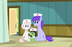 Size: 2732x1816 | Tagged: safe, artist:ponycolton, derpibooru import, nurse redheart, oc, oc:amethyst swirl, oc:anon filly, oc:green, earth pony, unicorn, fanfic:trust once lost, arm around neck, door, female, filly, foal, hat, hospital, looking at you, male, mare, nurse hat, nurse outfit, stallion