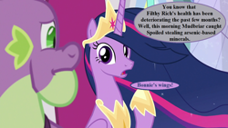 Size: 1280x720 | Tagged: safe, derpibooru import, edit, edited screencap, editor:korora, screencap, princess twilight 2.0, spike, twilight sparkle, twilight sparkle (alicorn), alicorn, the last problem, dialogue, gigachad spike, implied attempted murder, implied bonniecorn, implied burglary, implied filthy rich, implied maud pie, implied mudbriar, implied spoiled rich, jewelry, offscreen character, older, older spike, older twilight, older twilight sparkle (alicorn), peytral, speech bubble, tiara