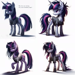 Size: 1920x1920 | Tagged: safe, ai content, derpibooru import, generator:bing image creator, generator:dall-e 3, machine learning generated, twilight sparkle, twilight sparkle (alicorn), alicorn, pony, g4, clothes, collage, cute, detailed, digital art, female, homeless, looking at you, mane, mare, prompt in description, quality, scope, simple background, solo, text, white background