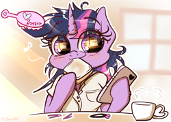 Size: 3144x2250 | Tagged: safe, artist:phoenixrk49, derpibooru import, twilight sparkle, unicorn twilight, pony, semi-anthro, unicorn, arm hooves, bread, brush, cellphone, clothes, cup, cute, eating, female, food, hairbrush, high res, hoof hold, levitation, magic, mare, morning ponies, music notes, phone, schoolgirl, smartphone, solo, teacup, telekinesis, toast, twiabetes