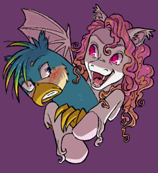 Size: 1869x2048 | Tagged: safe, artist:universalheart, derpibooru import, gallus, oc, oc:summerfree apple, bat pony, pony, bat ponified, blushing, bust, duo, duo male and female, fangs, female, gritted teeth, male, mare, open mouth, purple background, race swap, simple background, teeth, vampire bat pony