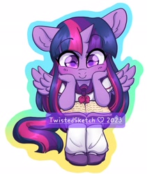 Size: 1731x2048 | Tagged: safe, artist:twisted-sketch, derpibooru import, twilight sparkle, twilight sparkle (alicorn), alicorn, anthro, plantigrade anthro, book, clothes, cute, eyebrows, eyebrows visible through hair, female, mare, outline, reading, sailor uniform, school uniform, simple background, skirt, smiling, solo, twiabetes, uniform, white background