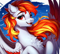 Size: 950x851 | Tagged: safe, ai content, derpibooru import, machine learning generated, oc, oc:fiery lightning, pegasus, pony, cheek fluff, chest fluff, ear fluff, ears, png, solo, sternocleidomastoid, wings