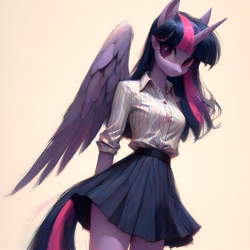 Size: 2048x2048 | Tagged: safe, ai content, derpibooru import, generator:bing image creator, machine learning generated, twilight sparkle, twilight sparkle (alicorn), alicorn, anthro, clothes, shirt, skirt, solo