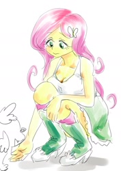 Size: 1285x1815 | Tagged: safe, artist:cocomorinewoo, derpibooru import, fluttershy, spike, spike the regular dog, dog, human, equestria girls, boots, breasts, cleavage, clothes, duo, duo male and female, female, high heel boots, hootershy, looking down, male, shirt, shoes, simple background, skirt, socks, solo focus, white background