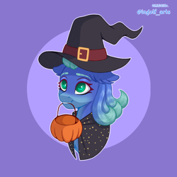 Size: 2250x2250 | Tagged: safe, artist:ingolf arts, derpibooru import, oc, oc only, oc:emerald splash, earth pony, chest fluff, cute, ear fluff, ears, female, halloween, hat, holiday, mare, pumpkin, signature, simple background, solo, witch costume, witch hat