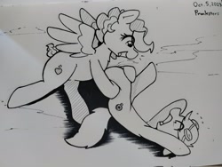 Size: 2048x1538 | Tagged: safe, artist:taurson, derpibooru import, oc, oc only, earth pony, pegasus, pony, 2023, black and white, duo, female, goggles, goggles on head, grayscale, mare, monochrome, traditional art