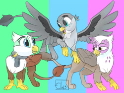 Size: 2732x2048 | Tagged: safe, artist:eledraws99, derpibooru import, gabby, gilda, greta, griffon, 2023, clothes, face paint, scarf, signature, trio